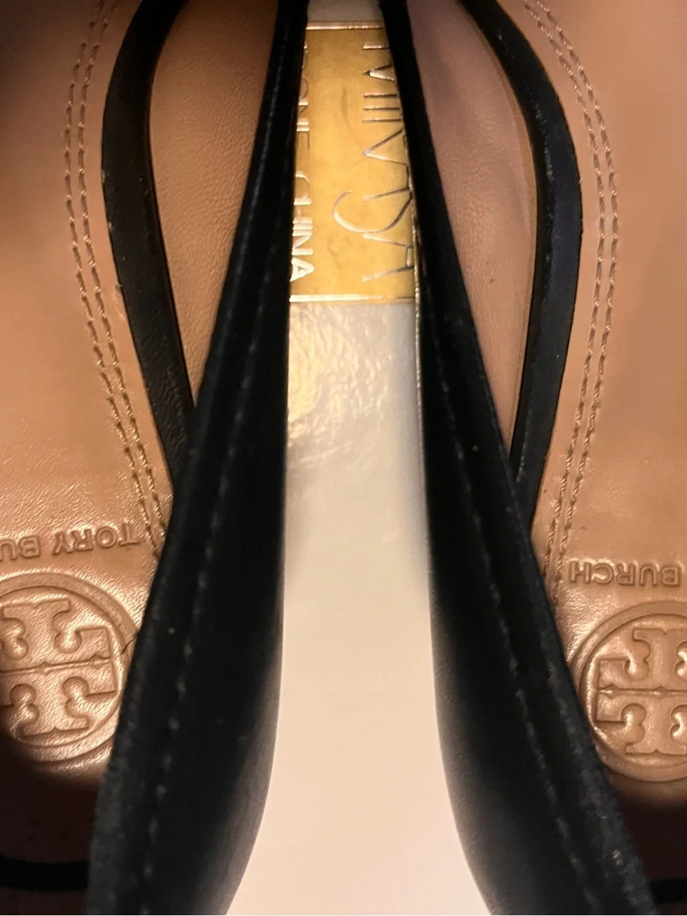 Tory Burch Black Leather Wedges with Gold Logo
